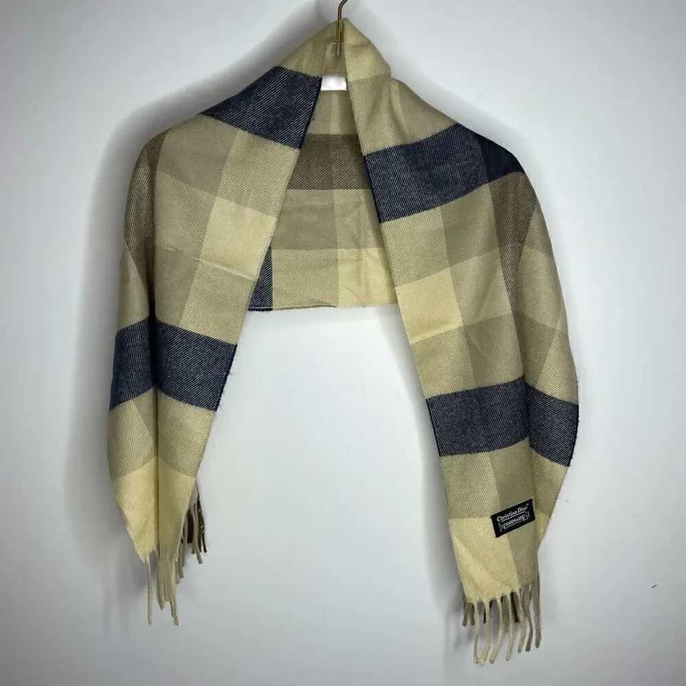 CHRISTIAN DIOR Monsieur Vintage Check‎ Tan Plaid Cashmaire Scarf Fringe  11”x48”